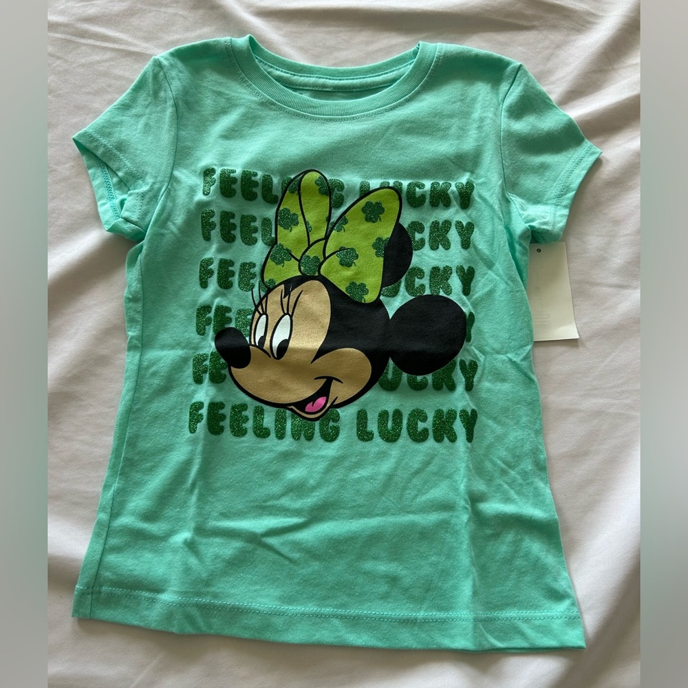 Disney Minnie Mouse St. Patrick’s Day Shirt Feeling Lucky Clovers Girls XS 4-5